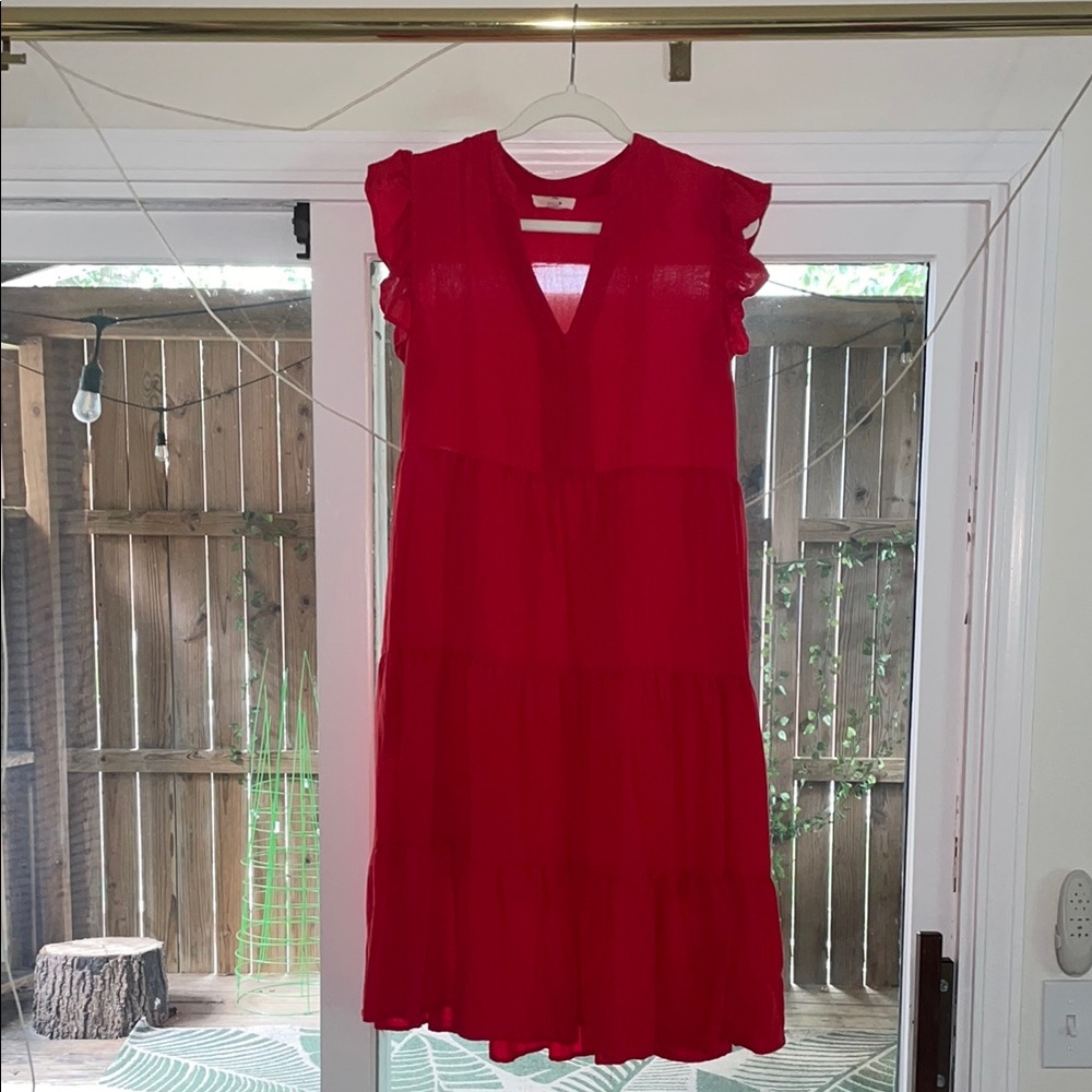 Entro Vibrant Red Midi Dress with Ruffle Sleeves